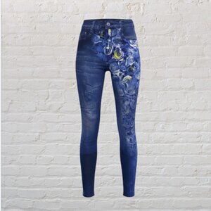 DOCELE -- Leggings, Jeans-Look "Denim" with Flower Print Front and Back